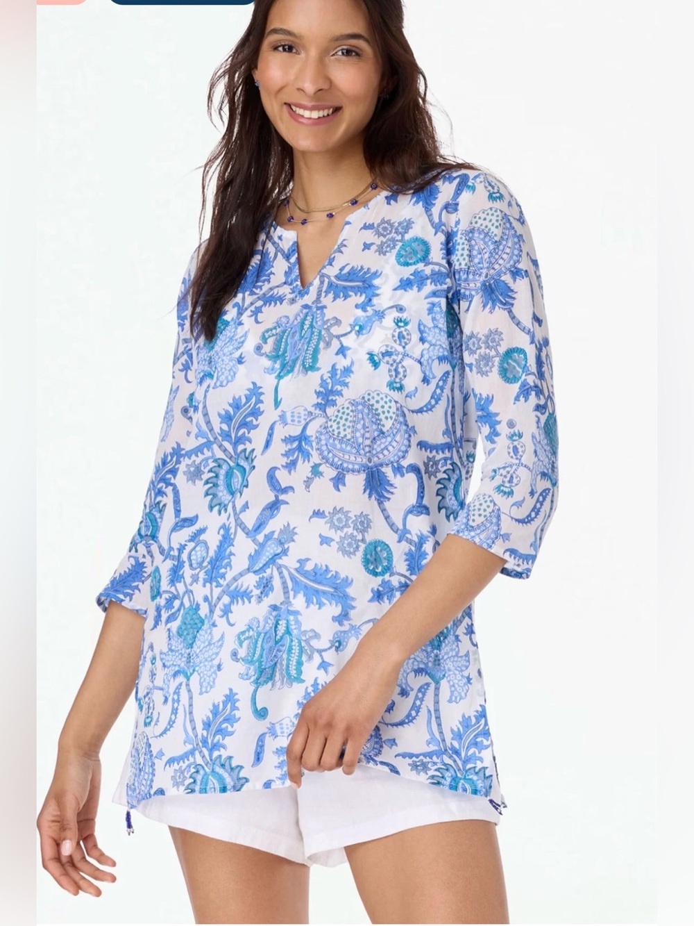 ROBERTA ROLLER RABBIT Blue White Floral Kurta Tunic Top Size Small